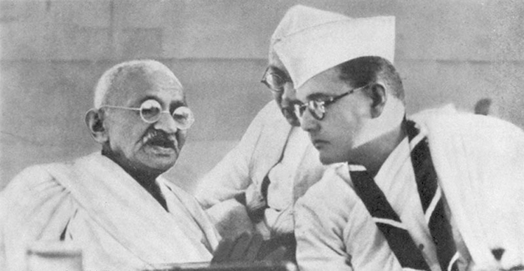Congress president Bose with Mohandas K. Gandhi at the Congress annual general meeting 1938